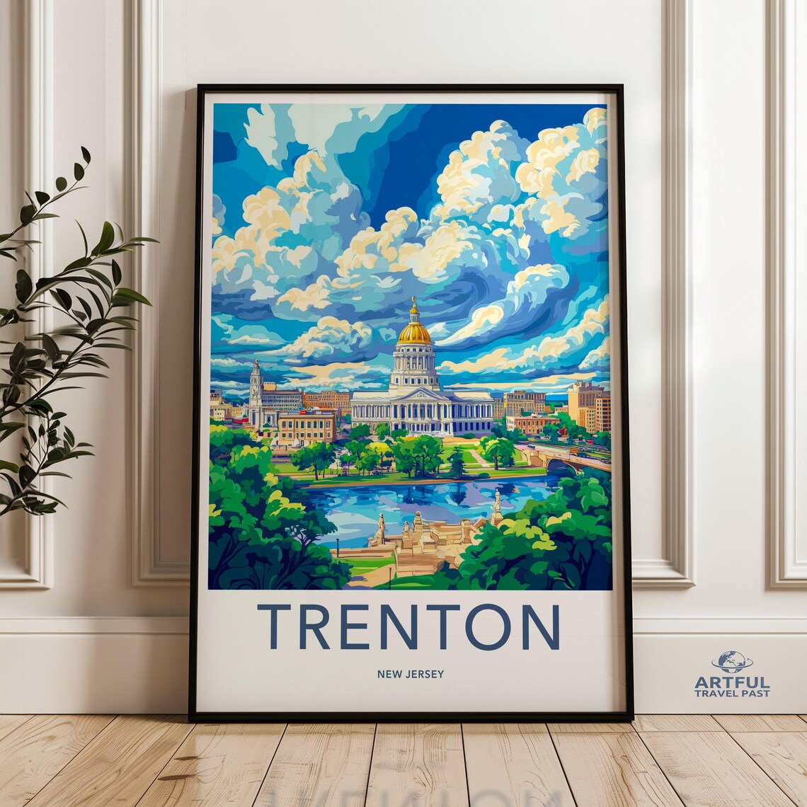Trenton New Jersey Gold Domed State Capitol Colorful Sky Travel Poster
