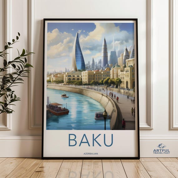 Baku Cityscape Wall Art Azerbaijan City Skyline Print Modern Urban Architecture Poster Travel Destination Artwork Decor