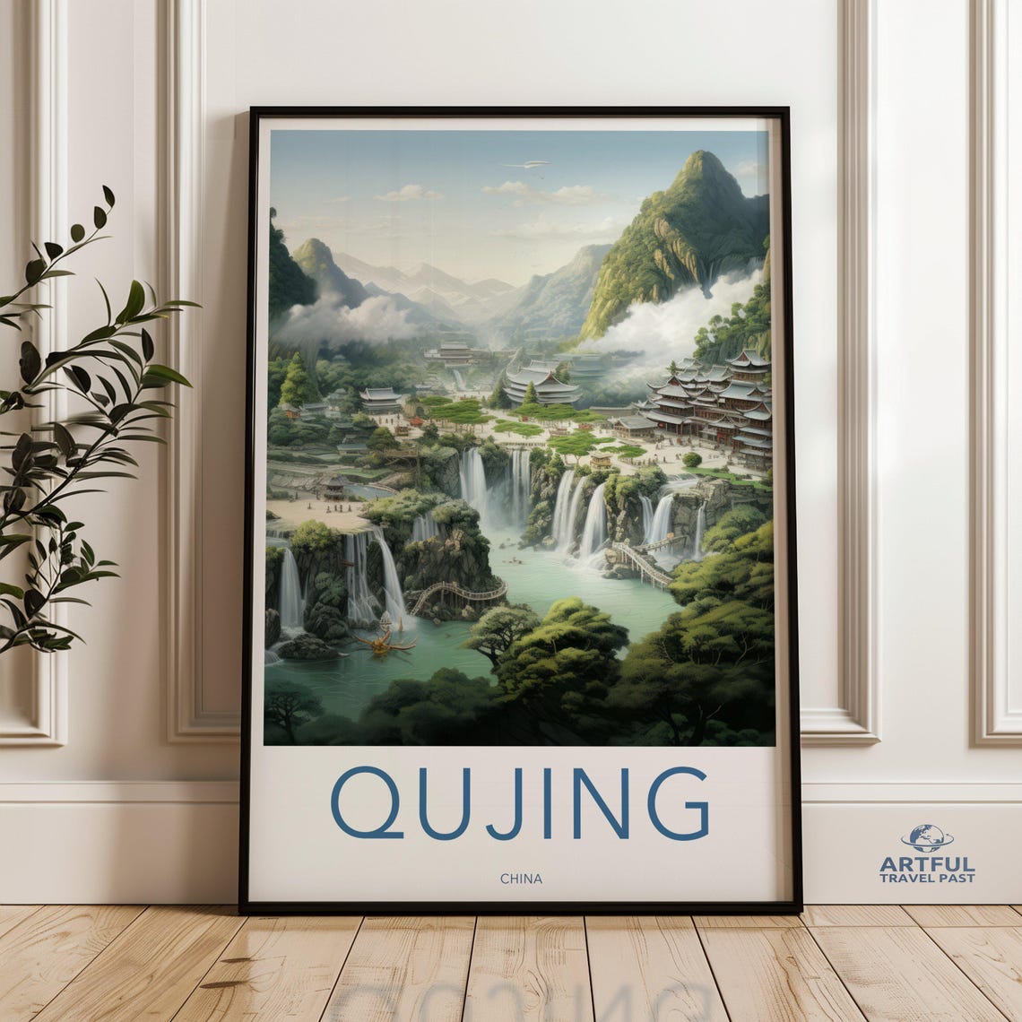 Qujing China Waterfall Valley Temple Vintage Travel Art Poster