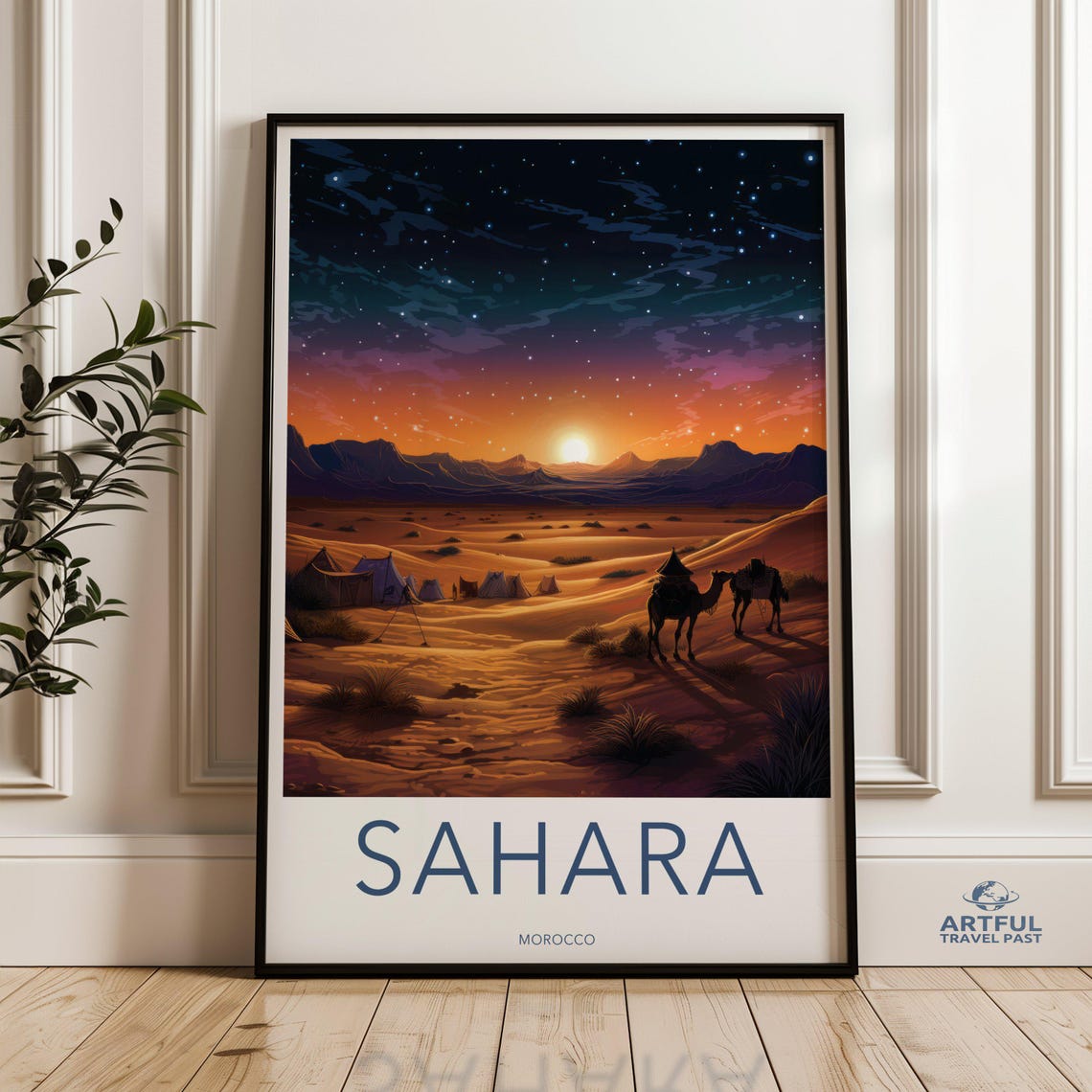 Sahara Morocco Desert Night Camel Caravan Starry Travel Poster