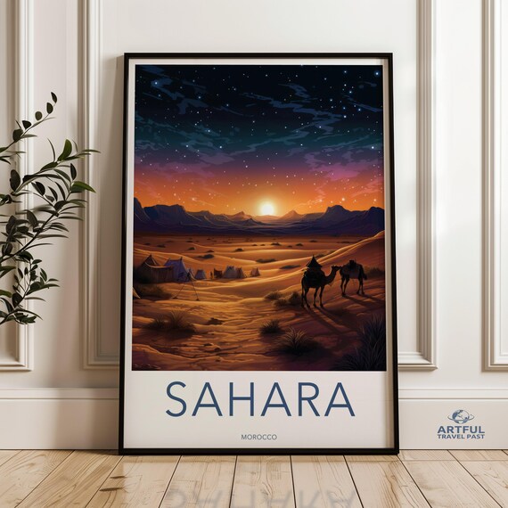 Sahara Desert Wall Art Sunset Camel Caravan Poster Moroccan Landscape Print Starry Night Photography Bohemian Home Decor