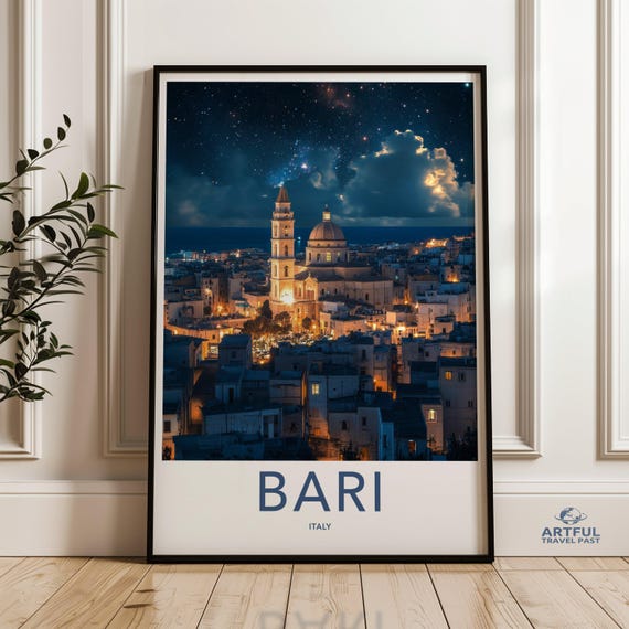 Bari Italy Night Sky Landscape Cityscape Wall Art Print Stunning Italian Architecture Starry Decor Urban