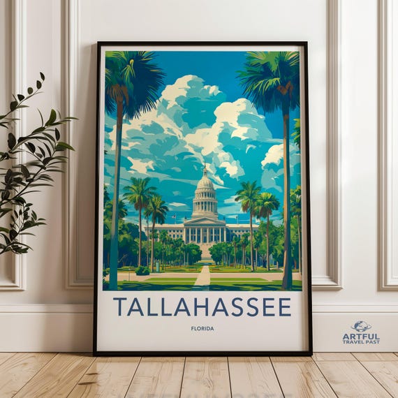 Tallahassee Florida Wall Art Vintage Travel Poster Cityscape Print State Capitol Artwork Retro Decor Home Office Decoration