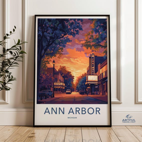 Ann Arbor Wall Art Print Midcentury Modern Style Vintage Michigan Poster Cityscape Sunset Urban Decor Travel Artwork