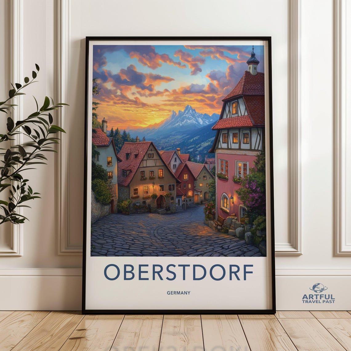Oberstdorf Germany Alpine Village Street at Sunset Travel Poster