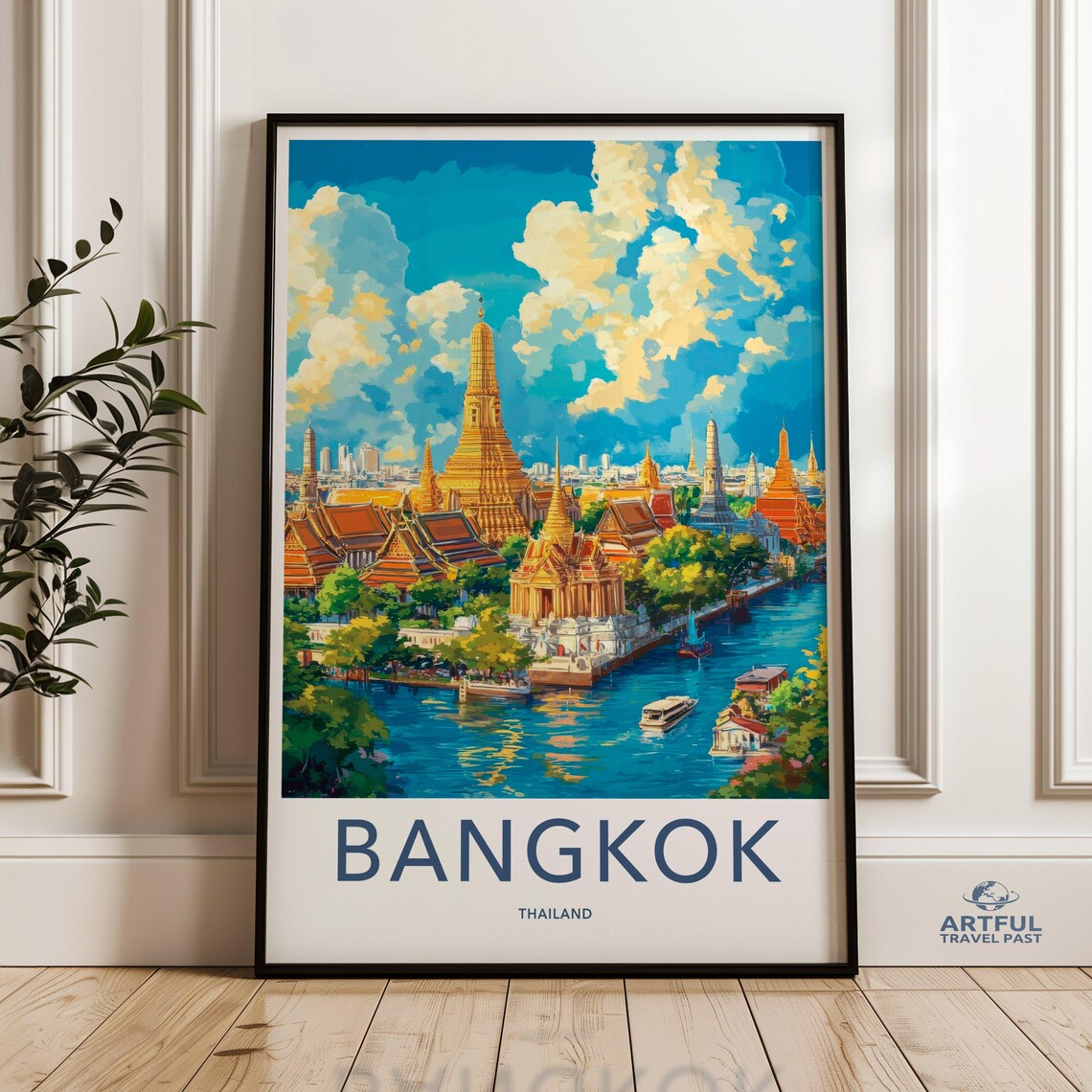 Bangkok Thailand Golden Temple River Skyline Travel Art Poster