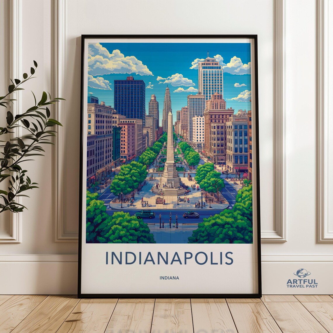 Indianapolis Indiana Monument Circle Downtown Skyline Travel Poster