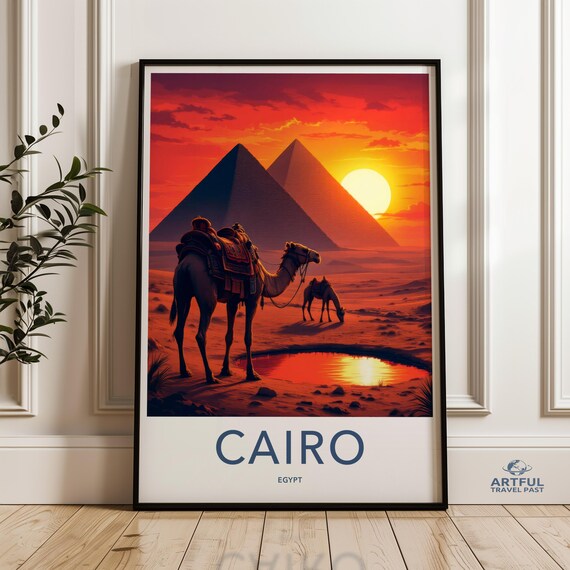 Cairo Egypt Pyramid Camel Sunset Desert Vintage Travel Poster