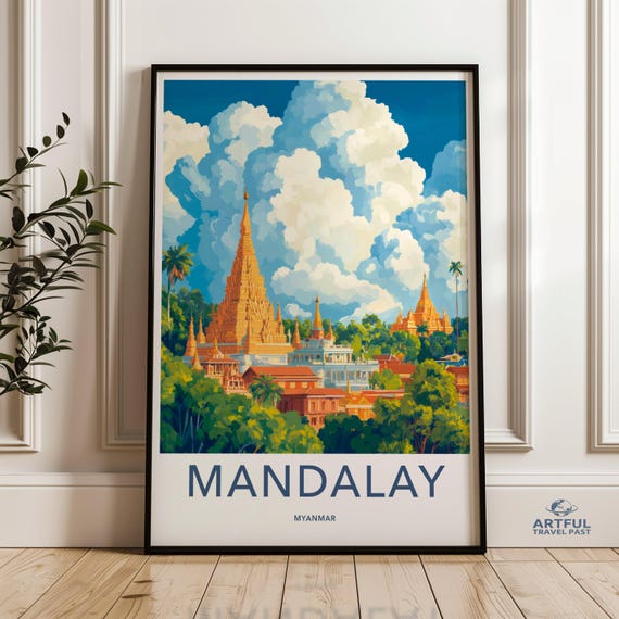 Mandalay Myanmar Wall Art Vibrant Cityscape Print Southeast Asia Travel Poster Colorful Modern Decor Exotic Destination Artwork