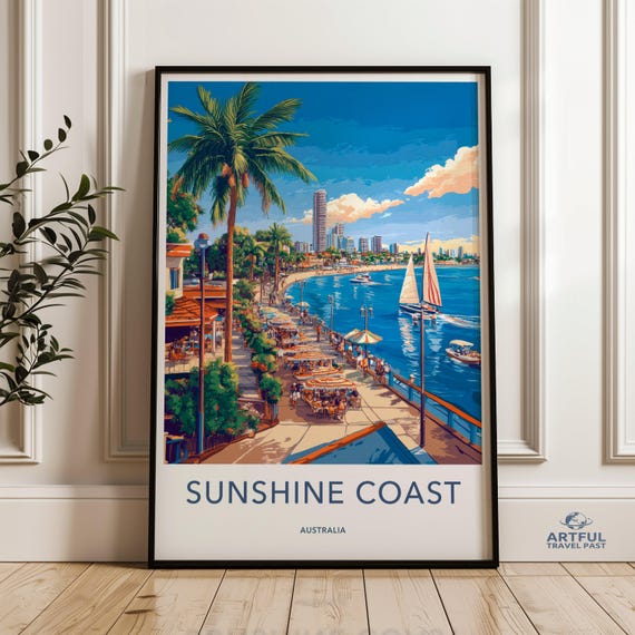 Sunshine Coast Wall Art Australia Travel Print Coastal City Palm Trees Sailboat Beach Scene Decor Vacation