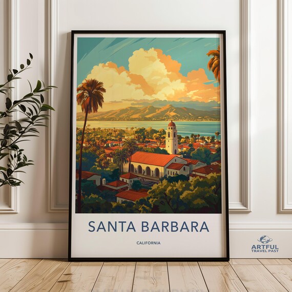 Santa Barbara California Mission Style Coast Vintage Travel Poster