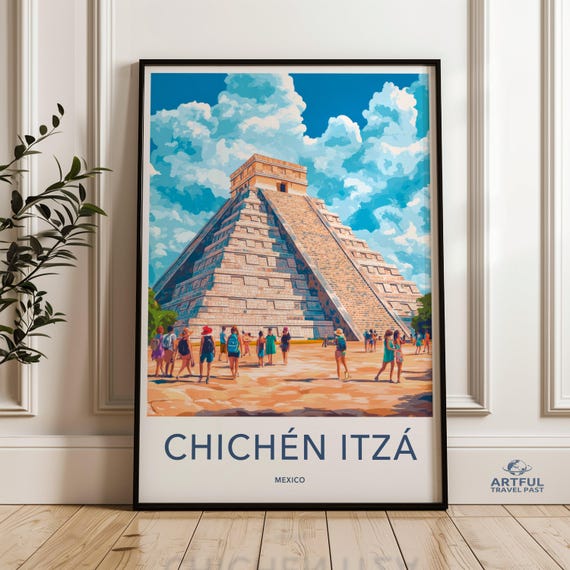 Chichen Itza Mexico Wall Art Print Travel Poster Mayan Ruins Artwork Vibrant Illustration Home Decor Mexican Landmark