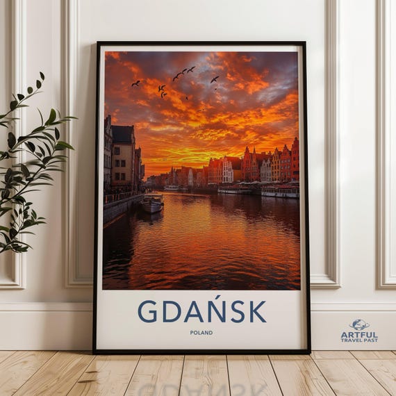 Sunrise Cityscape Gdansk Poland Wall Art Orange Sky Over City Canal Poster European Travel Destination Print Serene Morning Decor