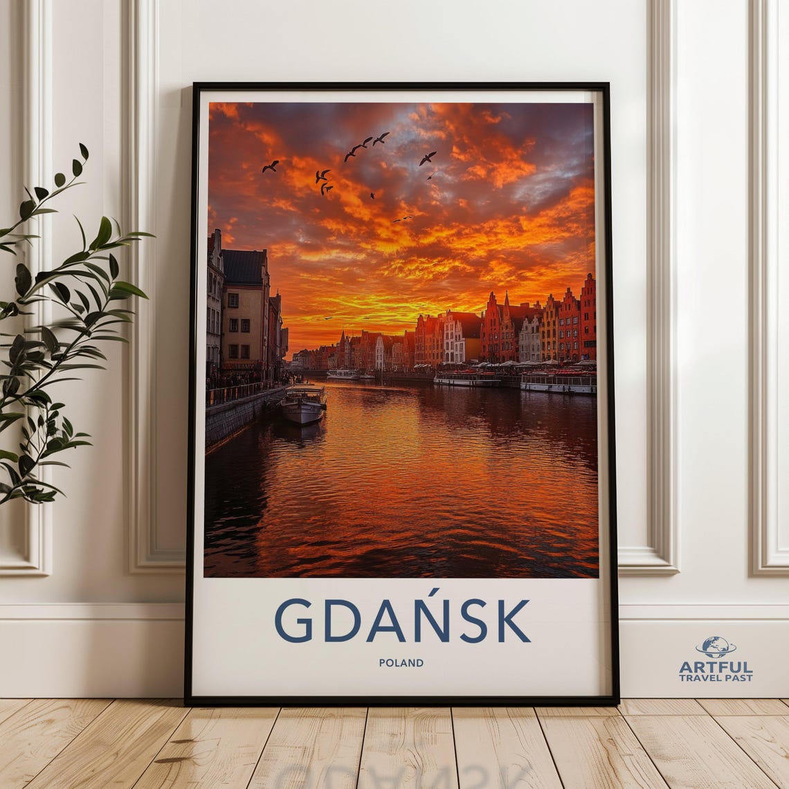 Sunrise Cityscape Gdansk Poland Wall Art Orange Sky Over City Canal Poster European Travel Destination Print Serene Morning Decor