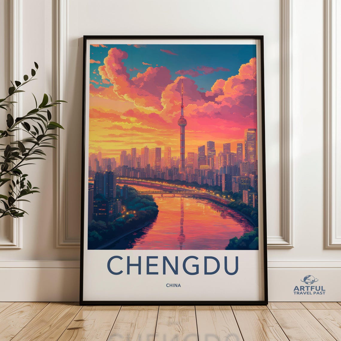 Chengdu China Sunset Skyline River Tower Cityscape Travel Poster