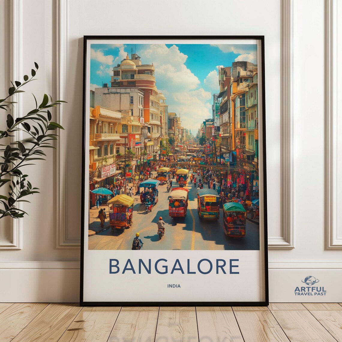 Bangalore India Busy Street Market Tuk Tuk Vintage Travel Poster