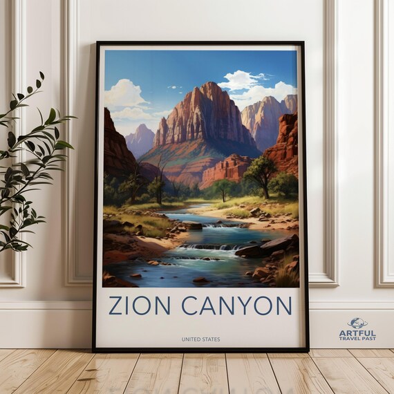Zion Canyon United States Red Rock Cliffs River Scenic Travel Poster