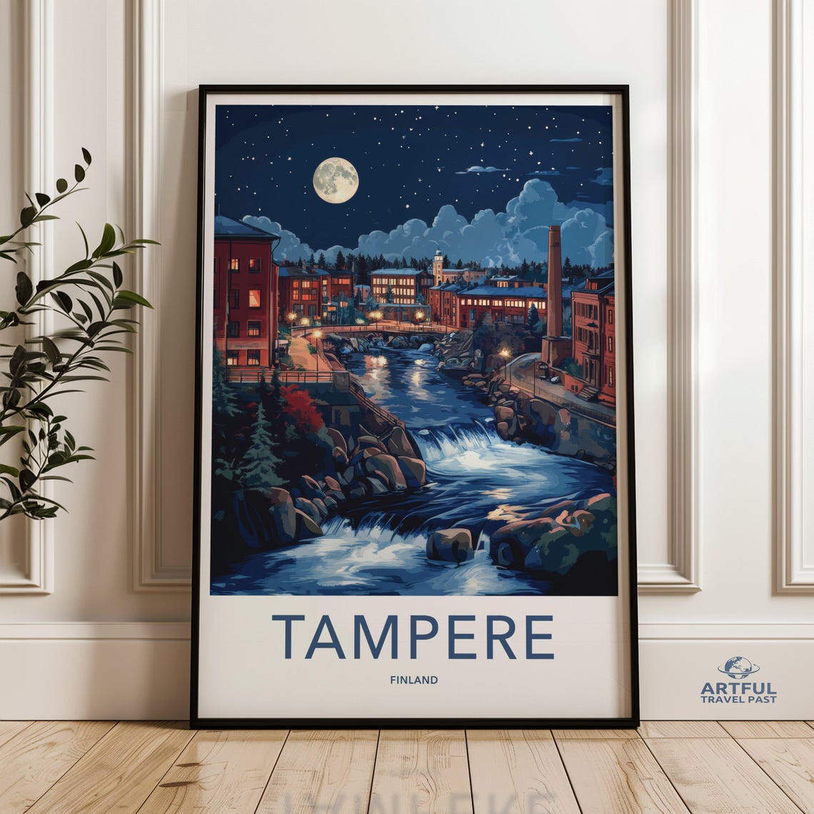Tampere Finland Moonlit River Rapids Night City Vintage Travel Poster