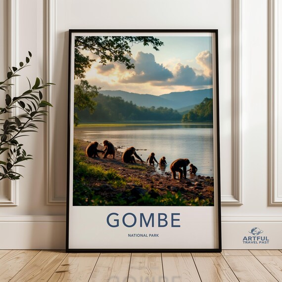 Gombe National Park Chimpanzees Lakeshore Golden Hour Travel Poster