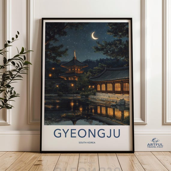 Gyeongju South Korea Poster Moonlit Night Scene Wall Art Traditional Korean Architecture Print Sky Illustration Decor