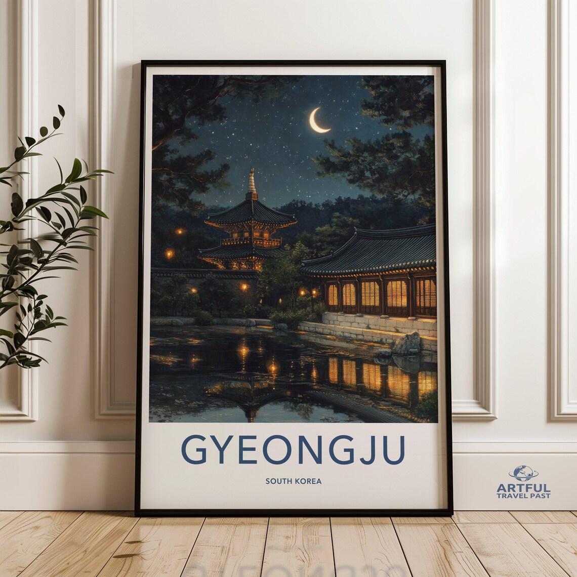 Gyeongju South Korea Moonlit Temple Night Scene Travel Poster