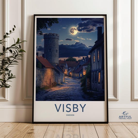 Visby Sweden Night Sky Wall Art Historic Town Decor Moonlight Townscape Print Scenic Evening Village Artwork