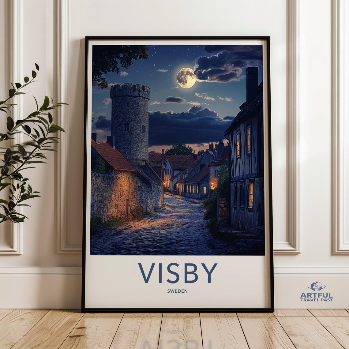Visby Sweden Night Sky Wall Art Historic Town Decor Moonlight Townscape Print Scenic Evening Village Artwork