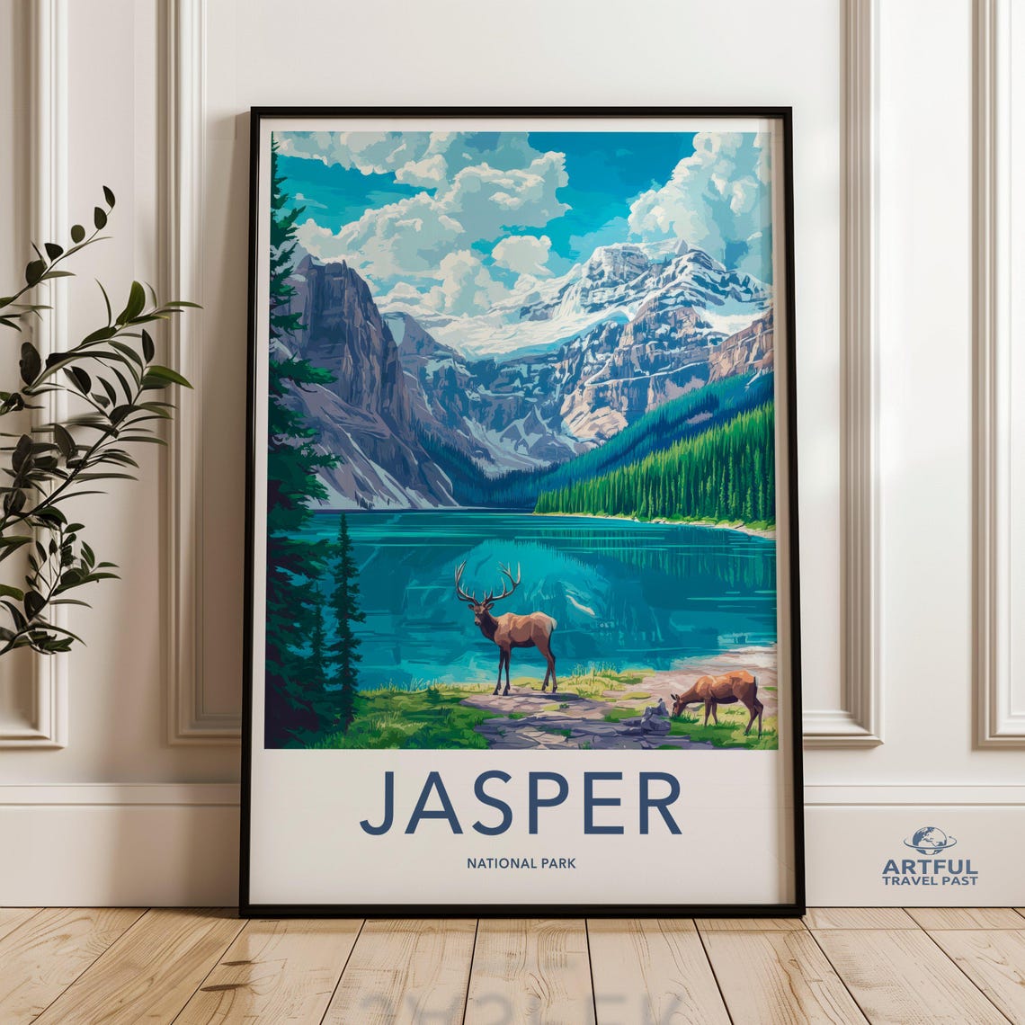 Jasper National Park Elk Lake Mountain Rockies Canada Travel Poster