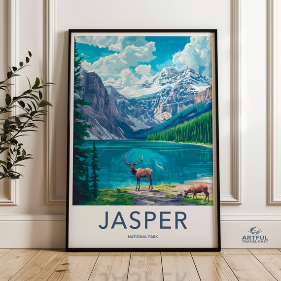 Jasper National Park Elk Lake Mountain Rockies Canada Travel Poster