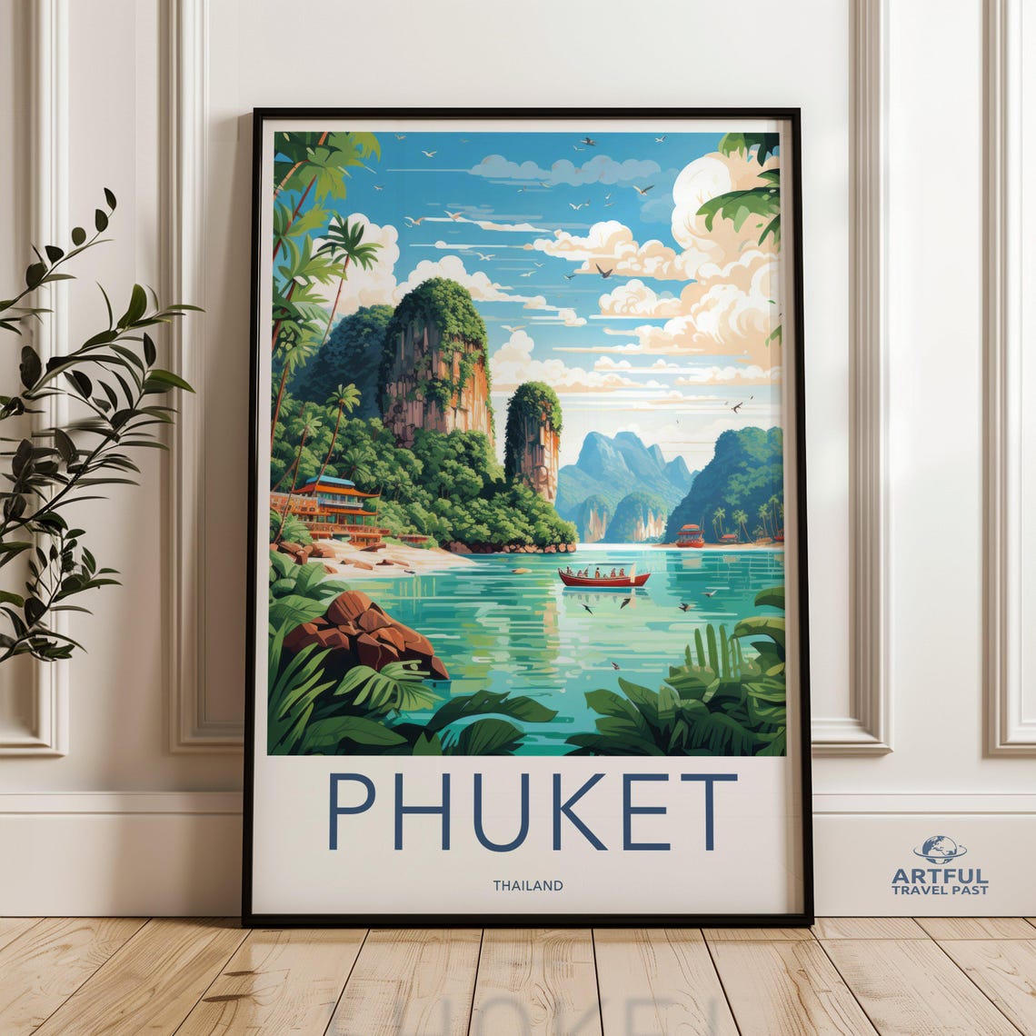 Phuket Thailand Retro Travel Poster With Island Sea View Scene