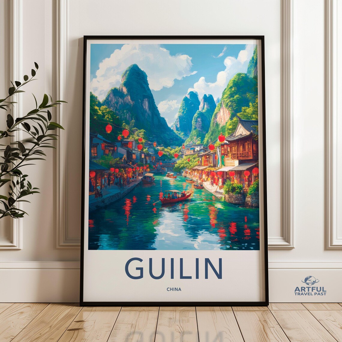 Guilin China Karst Mountains River Lanterns Vintage Travel Poster
