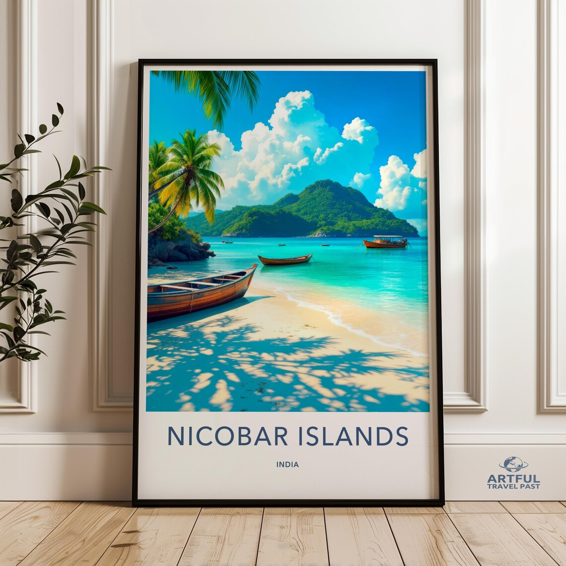 Nicobar Islands India Tropical Beach Boats Palm Travel Poster