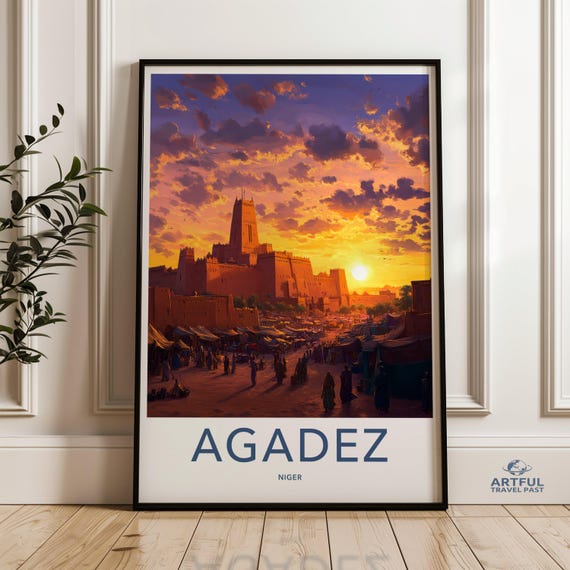 Agadez Niger Wall Art African Sunset Poster Cityscape Print Vibrant Home Decor Over Colorful