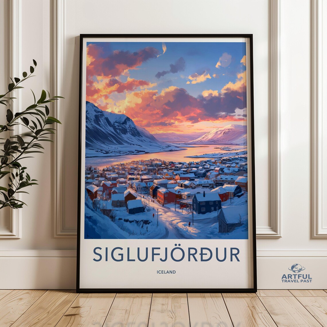 Siglufjordur Iceland Snowy Fjord Village Sunset Travel Poster