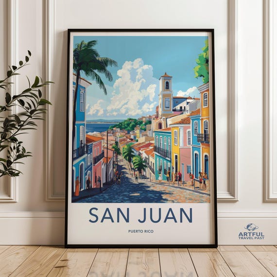 Vintage San Juan Wall Art Puerto Rico Travel Poster Coastal Street Scene Print Colorful Architecture Decor Caribbean Cityscape