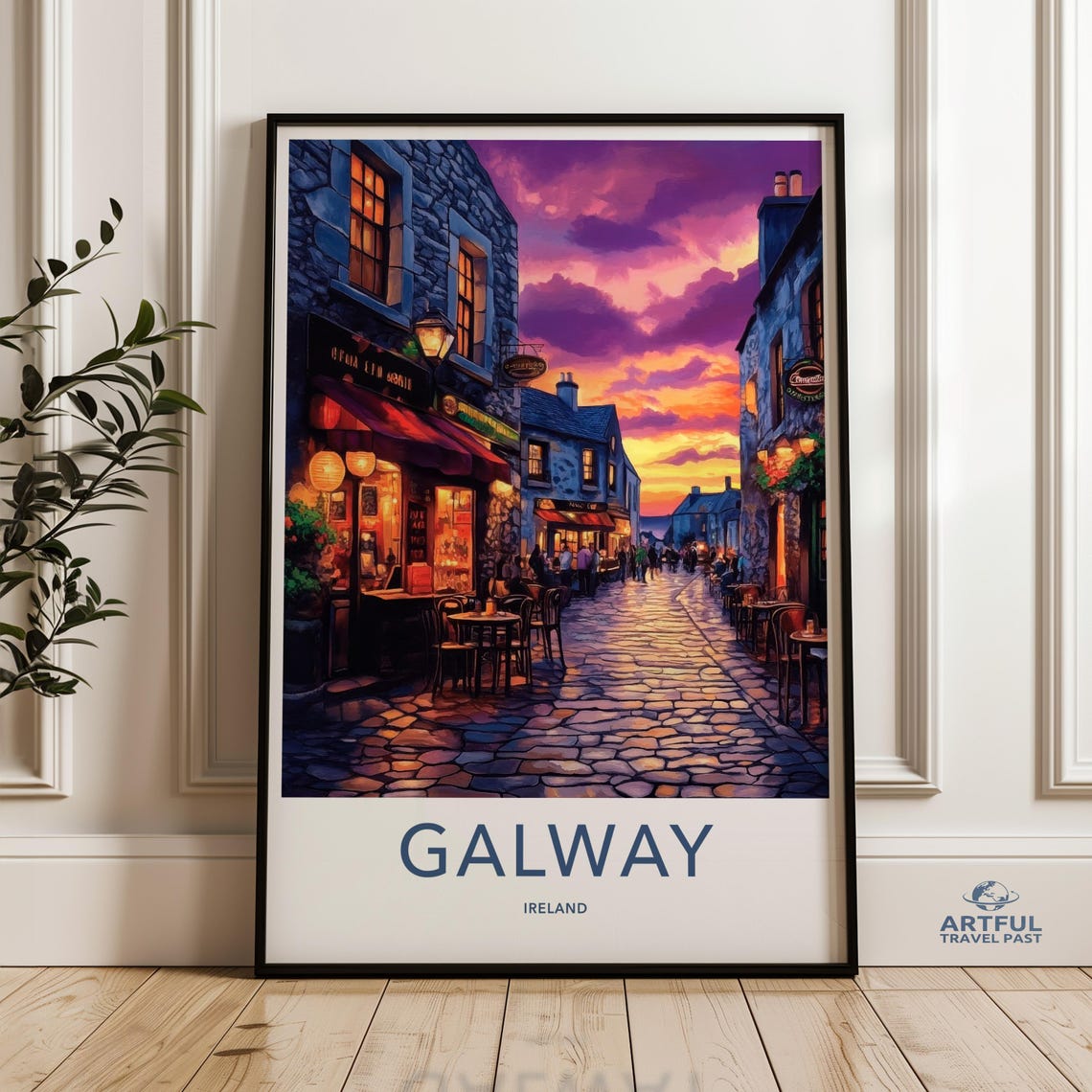Galway Ireland Cobblestone Pub Street Dusk Cityscape Travel Poster