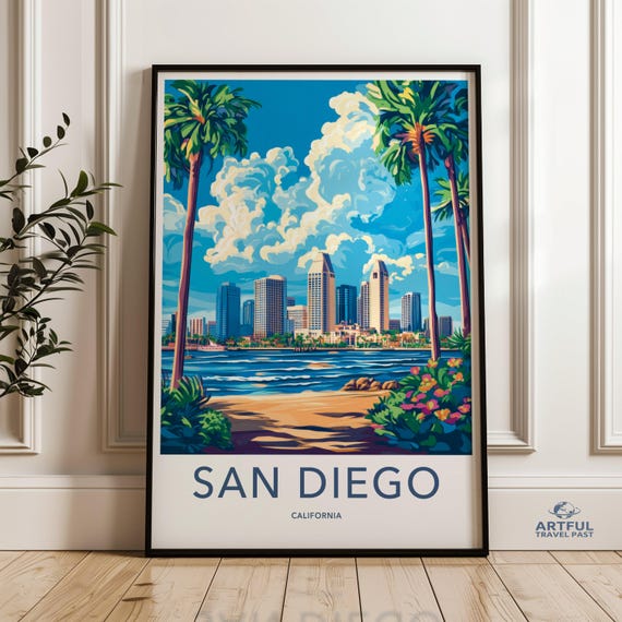San Diego Cityscape Wall Art Skyline Poster Modern Urban Decor Beach Sunset Print Vibrant Home Office