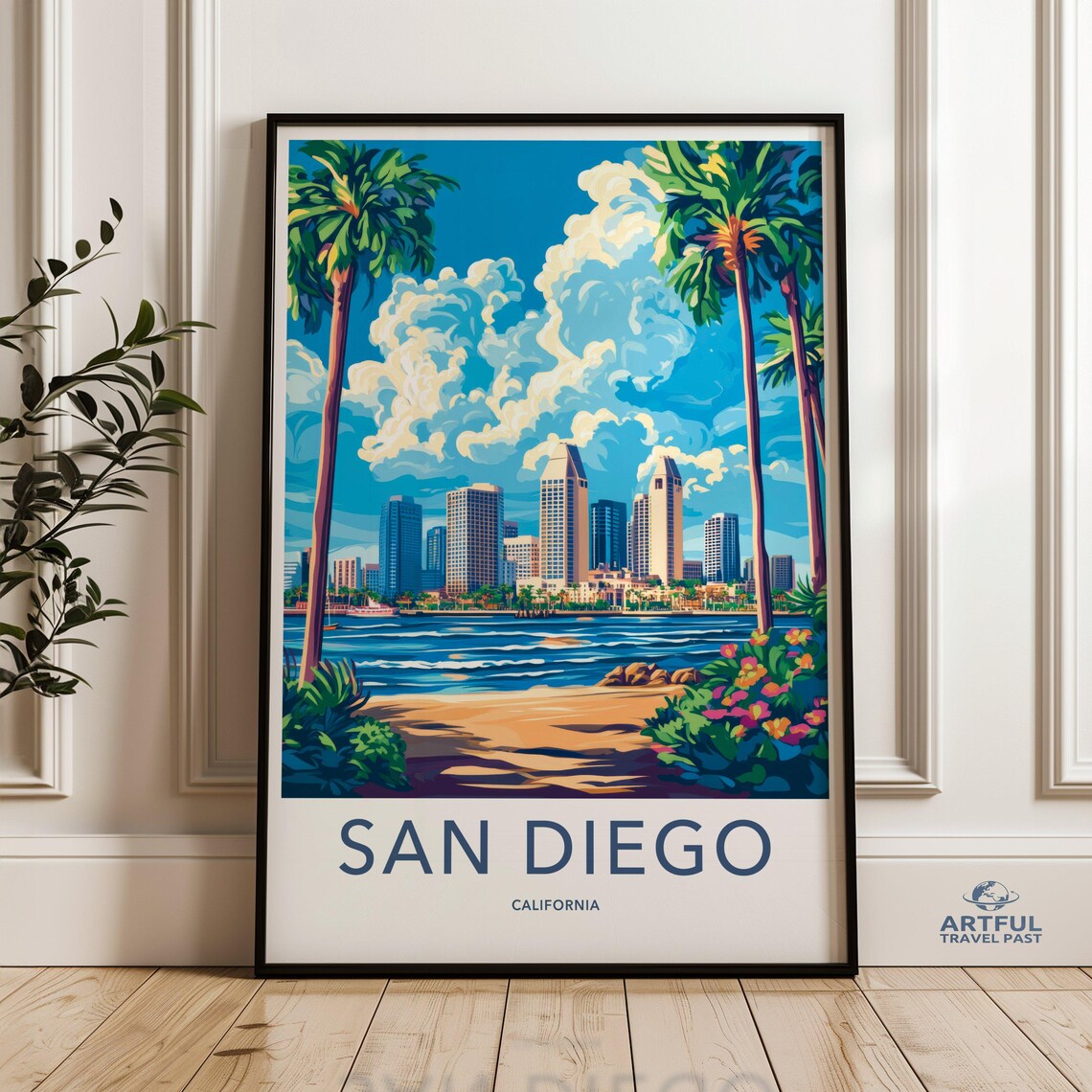 San Diego California Beach Skyline Palm Trees Retro Travel Poster