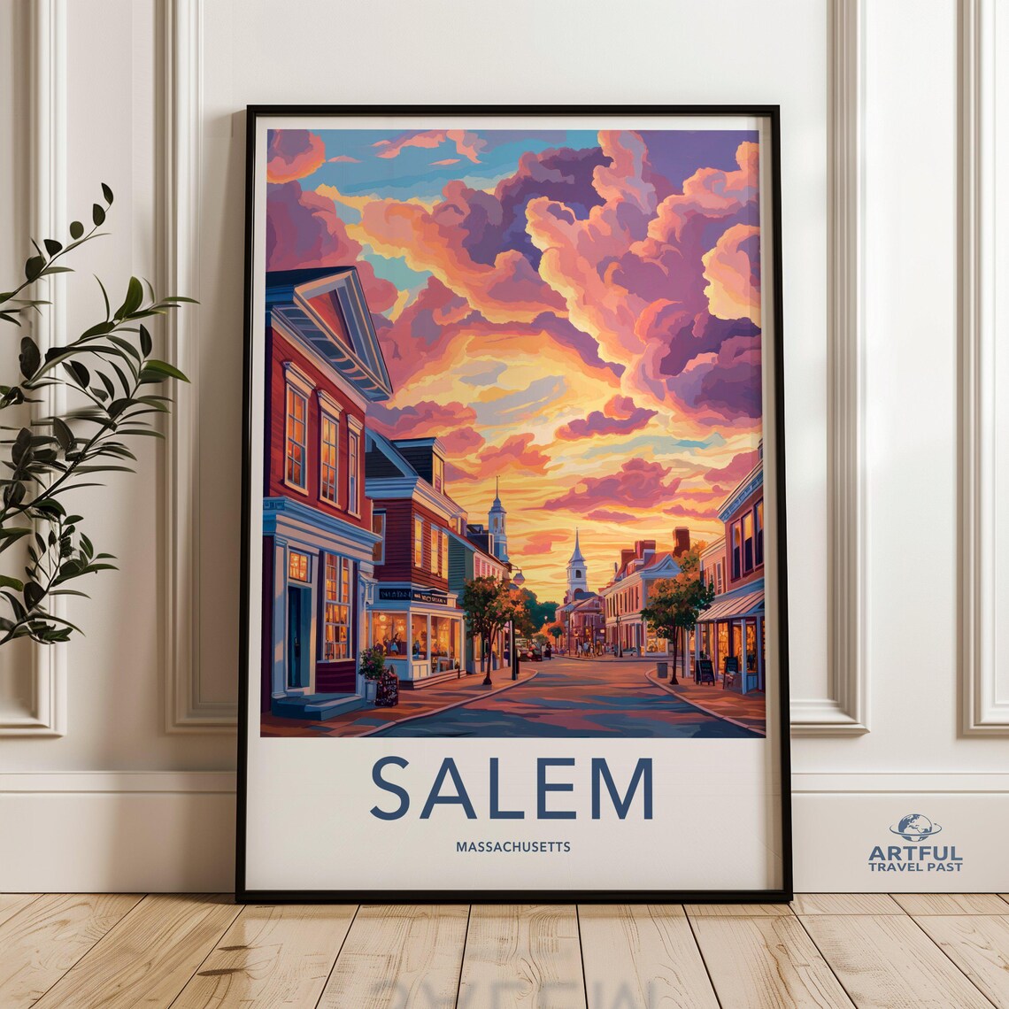 Salem Massachusetts Sunset Skyline Travel Poster