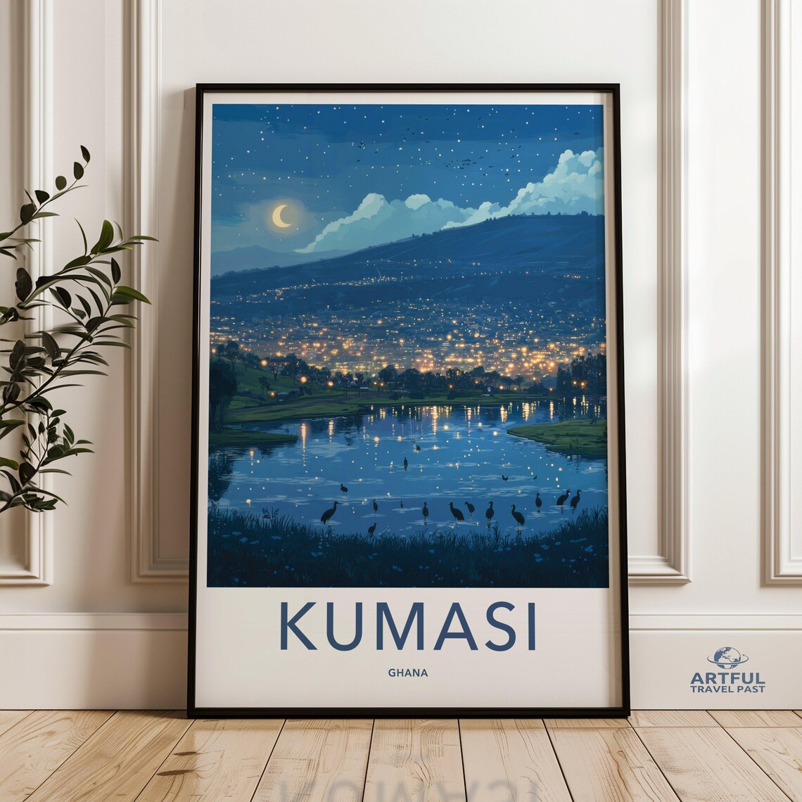 Kumasi Ghana Night Lake City Lights Moon Vintage Travel Poster