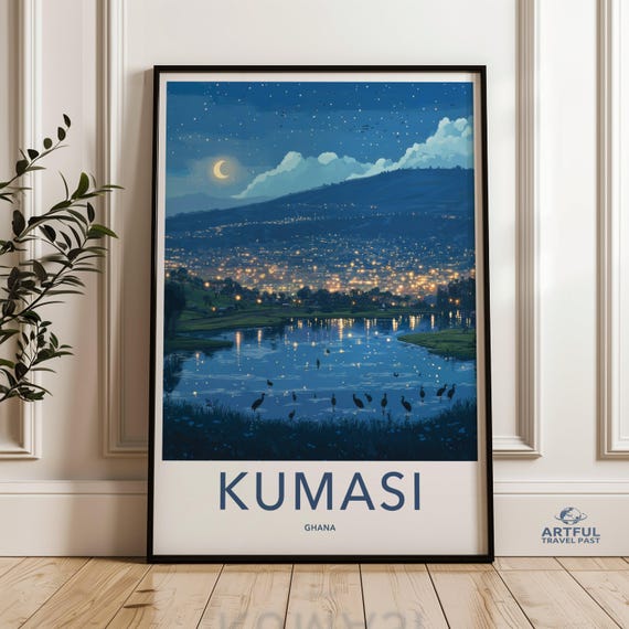 Kumasi Ghana Wall Art Night Sky Cityscape Print Serene Lake View Mountain Landscape Decor Illuminated City Lights Poster