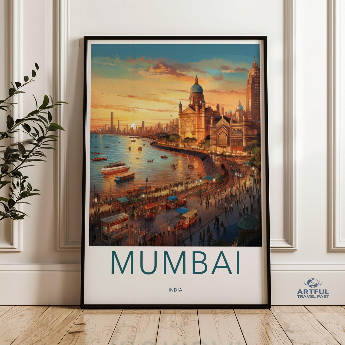 Mumbai India Sunset Coastal City Retro Travel Art Wall Poster