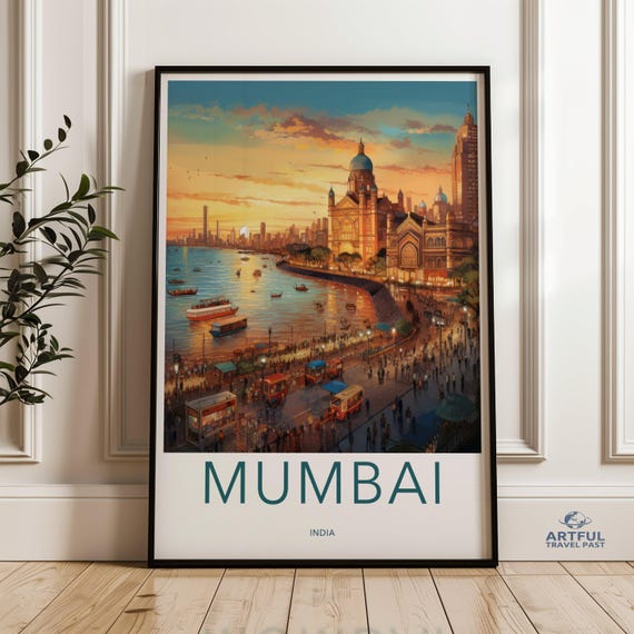 Mumbai Wall Art Cityscape Print Coastal Sunset Poster Architectural Landmark Artwork India Travel Decor Vibrant Urban Scenery