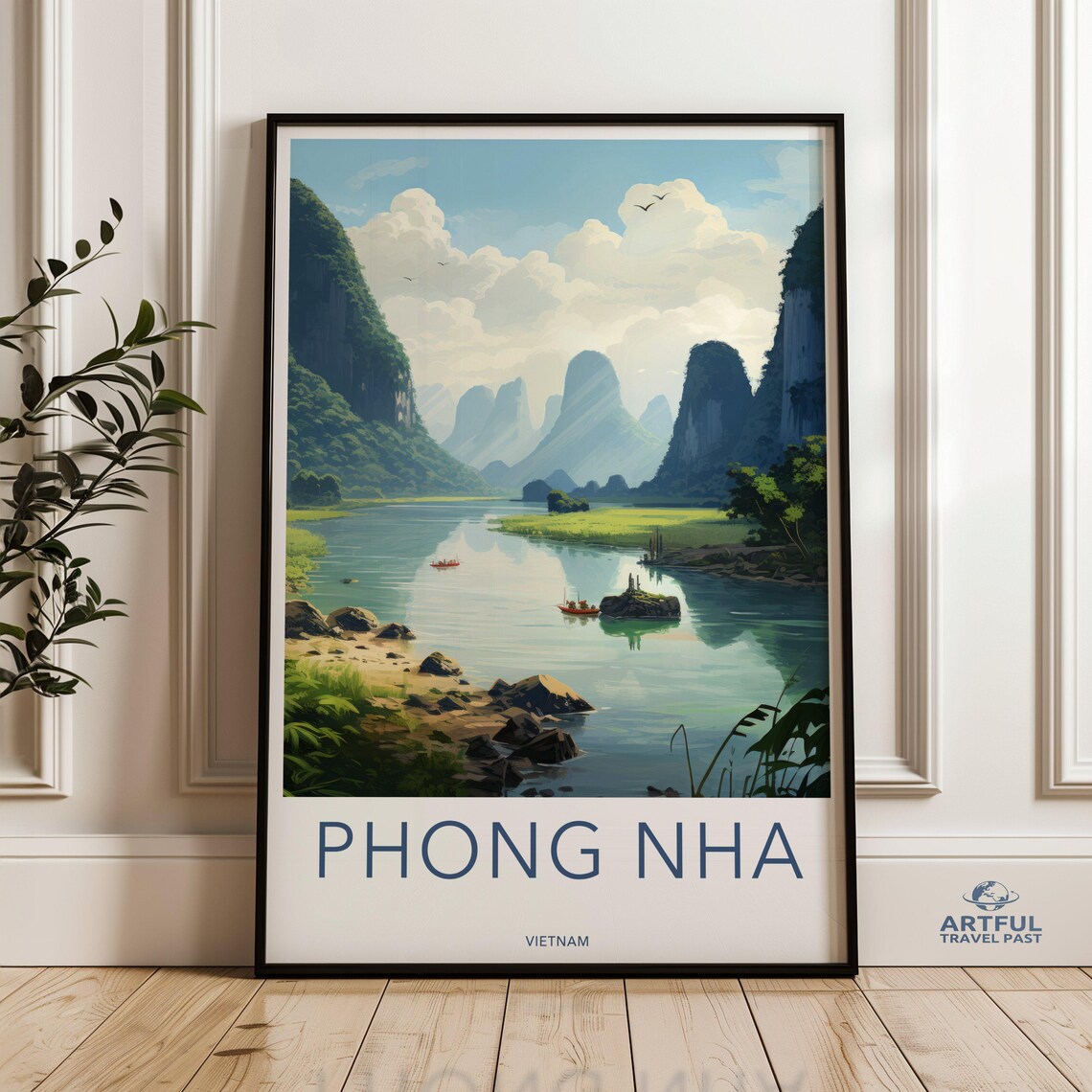 Phong Nha Vietnam Karst River Boats Landscape Nature Travel Poster