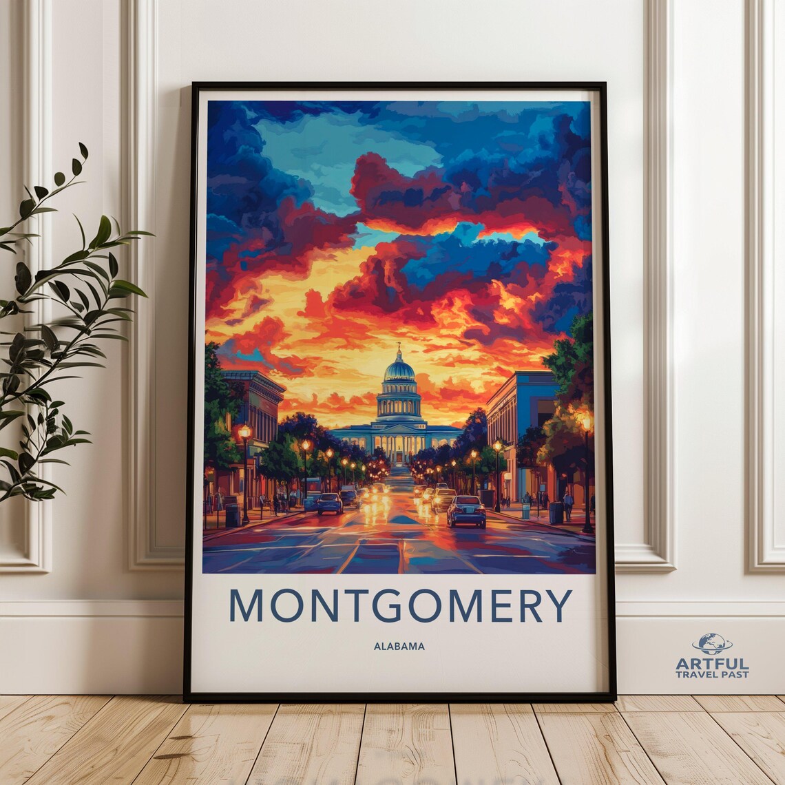 Montgomery Alabama State Capitol Sunset Vintage Travel Poster