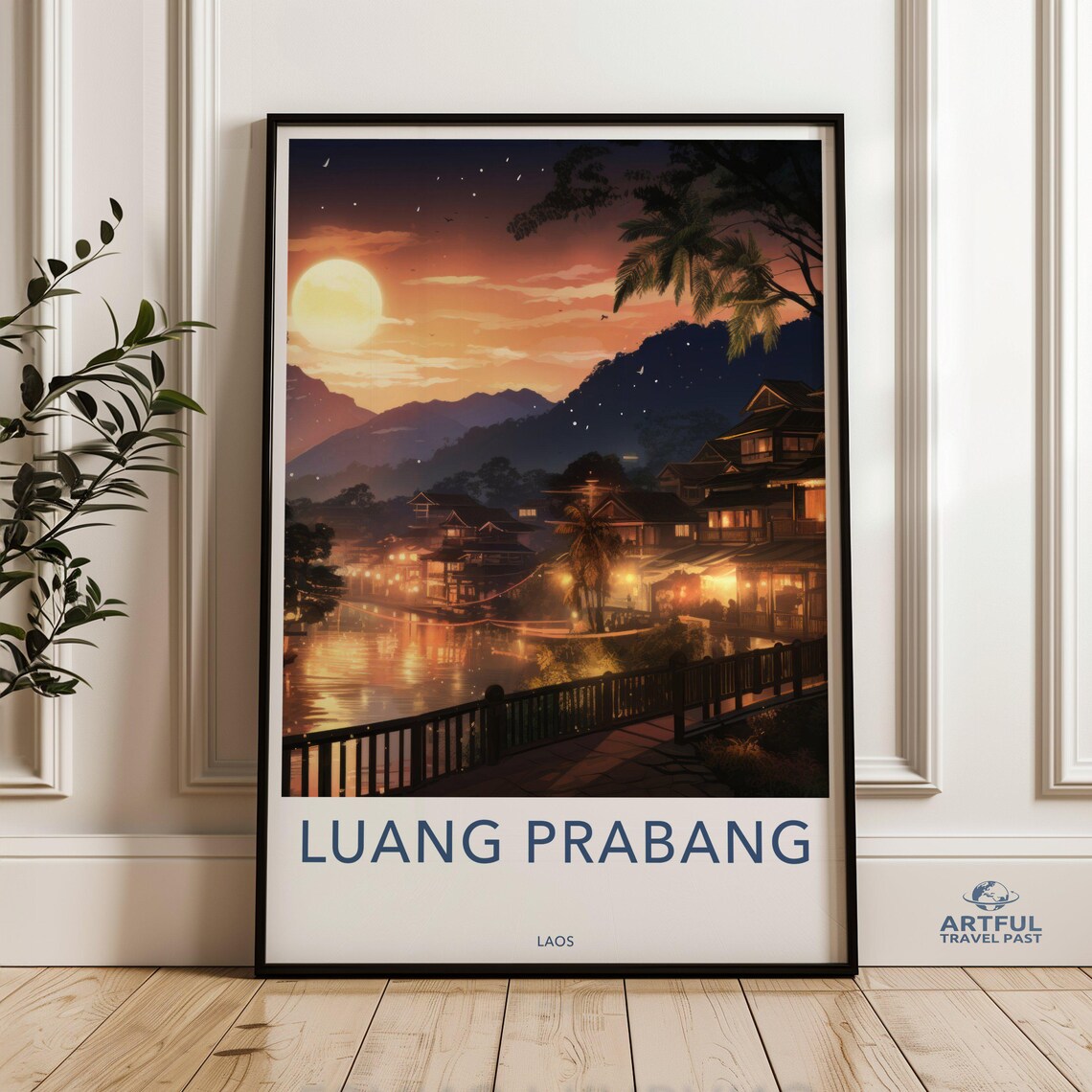 Luang Prabang Laos Sunset Riverside Old Town Vintage Travel Poster