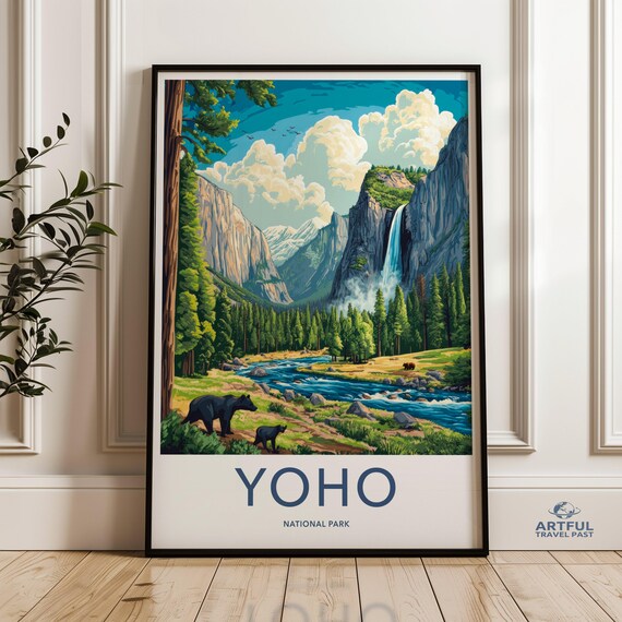 Yoho National Park Bears Waterfall Mountain Vintage Travel Poster
