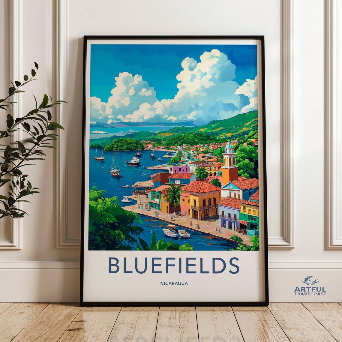 Bluefields Nicaragua Caribbean Harbor Sailboats Vintage Travel Poster
