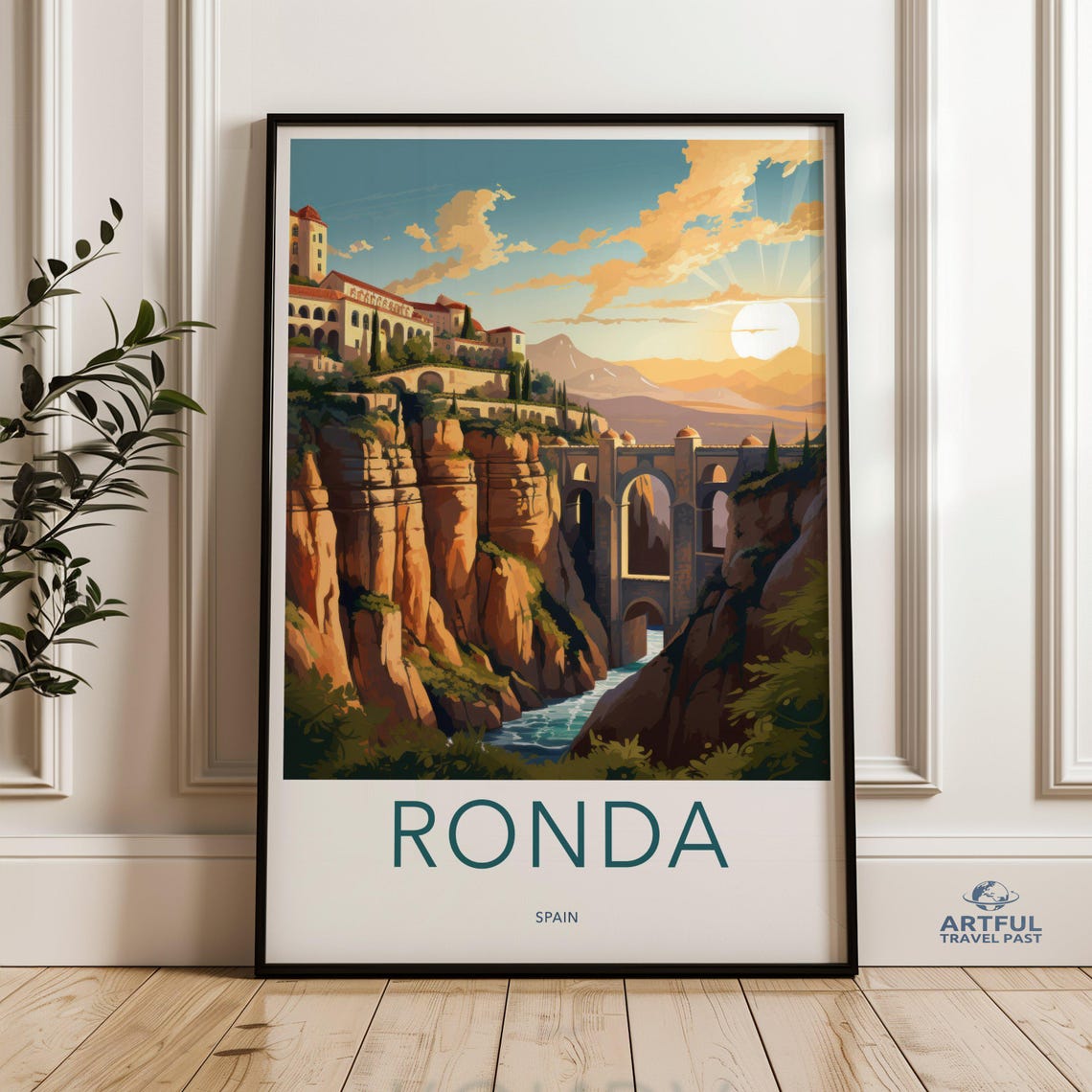 Ronda Spain Famous Puente Nuevo Gorge Bridge Sunset Travel Poster