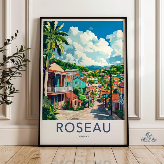 Roseau Dominica Wall Art Caribbean Cityscape Print Colorful Island Town Illustration Tropical Decor Travel Poster Landscape